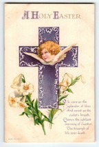 Easter Postcard Signed Ellen Clapsaddle Cherub Angel Cross Lily Flowers Wolf - £14.12 GBP