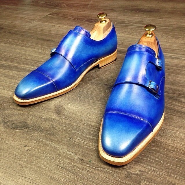 New Handmade Mens Blue leather monk shoes, Mens formal shoes, Men dress shoes