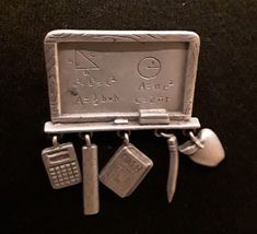 JJ JONETTE Brooch Pin Pewter Silver Math School Chalkboard Dangling Charms - $8.90