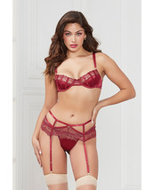 Stretch Satin &amp; Lace Balconette Cup &amp; Garter Panty Wine Xl - £20.06 GBP
