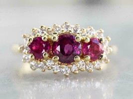 3Ct Round Pink Ruby CZ Diamond 3-Stone Engagement Ring 14K Yellow Gold Finish - £88.37 GBP