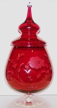 STUNNING RARE VINTAGE CRANBERRY/RUBY FLASHED GLASS ETCHED 19&quot; COVERED JA... - $87.11