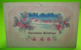 Christmas Greetings Postcard Raised Image 3D Pastel Color Winter Village Vintage - £11.07 GBP