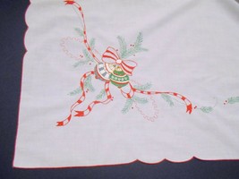 EMBROIDERED TABLECLOTH Christmas Balls Ribbons Pine White Rectangular 70... - $44.95