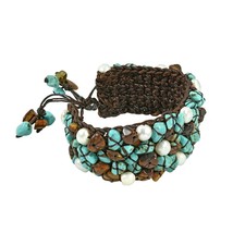 Turquoise/Tiger&#39;s Eye/Pearl Stone Pull Wrist Bracelet - £14.31 GBP