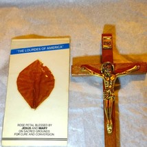 Vintage religious lot 1 beautiful wooden cross and 1 rose petal from Lou... - £20.13 GBP