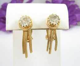 Big Rhinestone Dangling Chains Earrings Clip On Vintage Clear Goldtone 1 3/8&quot; - £10.38 GBP