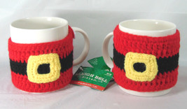 Set Of 2 Sleigh Bell Bistro Coffee Cup Mugs With Santa Belt Crochet Sleeves - $18.70