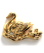 Avon Swan Gold Tone Pin Baby Swans Cygnets Rhinestone Flower Animal Jewe... - $237.26 MXN