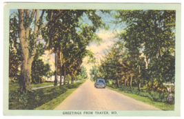 Vtg Postcard-Greetings From Thayer, MO-Trees-Old Car-Linen~MO1 - £9.01 GBP