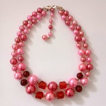 Multi Strand Moonglow Beaded Necklace Red Pink Choker Adjusts Gold Tone Acrylic - £16.06 GBP