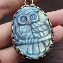 BIG MEN&#39;S VINTAGE Natural Blue Fire Carving Labradorite Owl Figurine Necklace 3 - £98.93 GBP