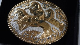 Crumrine Western Belt Buckle Wild Horses Oval Gold Silver C08700 - $65.00