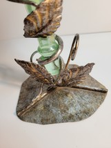 Single Horn Green Opalescent Vase Ribbed in a Metal Holder with  Leaves image 5