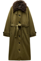 ZARA BNWT 2025. LIGHT KHAKI WAXED TRENCH COAT FAUX FUR COLLAR. 4341/767 - $155.64