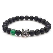 Retro Wolf Head Bracelet Black Matte Onyx and Lava Energy Stone Beaded Bangle 7&quot; - £30.57 GBP