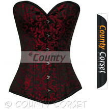 Long Torso Full Steel Bone Overbust Bustier Back Lacing Black Red Brocade Corset - $70.98