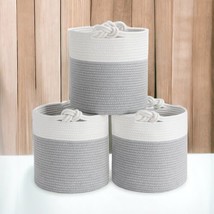 Woven Cotton Rope Baskets Storage Cube 11” Round Bins 3-Pack Handles Gray-White - £12.71 GBP