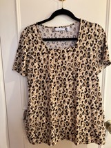 Susan Graver Top Womens S Liquid Knit T Shirt Brown Black Animal Print Leopard S - £15.10 GBP