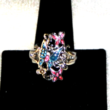Vintage Red Coral and Turquoise inlay Silver Butterfly Ring, Size 11&quot; US... - £8.51 GBP
