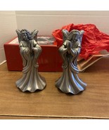 Vtg Cast Metal Pewter Finish Heavy Angel Candlestick Candle Holder Pair ... - £16.06 GBP