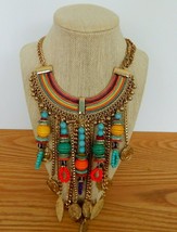 Vtg runway style tribal inspired multi color beaded coin &amp; feather bib n... - $40.00