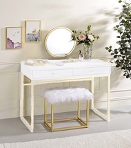 Adao Vanity Mirror &amp; Stool, Faux Fur, Mirror, White &amp; Brass Finish - $161.00