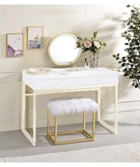Adao Vanity Mirror &amp; Stool, Faux Fur, Mirror, White &amp; Brass Finish - $2,962.16 MXN