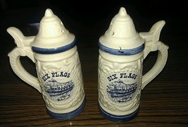 Vtg Blue&amp;White Ceramic Six Flags Souvenir Mini Stein Salt &amp; Pepper Shakers Japan - £4.74 GBP