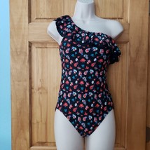 DKNY One Piece Floral Swimsuit 6 Black Orchids Single Ruffle Shoulder Sw... - $265.23 MXN