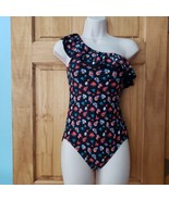 DKNY One Piece Floral Swimsuit 6 Black Orchids Single Ruffle Shoulder Sw... - $14.26