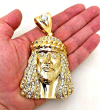 Large Heavy 14k Gold Plated Jesus Christ Cubic Zirconia Bling Pendant for Chain - £17.45 GBP