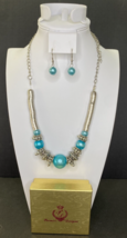 Premier Designs Jewelry Siver Tone &amp; Blue Beaded Necklace &amp; Earrings SKU... - £27.51 GBP