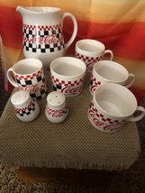 Coca-Cola Brand Hand Painted Black White Red Checkered Coffee Cup &amp; pitcher Set. - £30.97 GBP