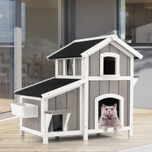 Costway 2-Story Wooden Kitty Shelter Outdoor Feral Cat House w/ Escape Door - £170.19 GBP