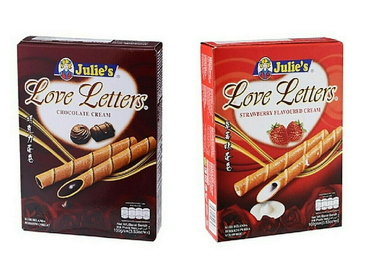 JULIE'S Love Letters Chocolate/Strawberry Wafer Sticks 8Box X 50 G free shipping - £51.95 GBP