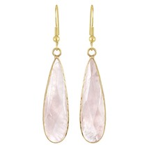 Unique Light Pink Rose Quartz Long Teardrops Gold-Plated Silver Dangle Earrings - £15.41 GBP