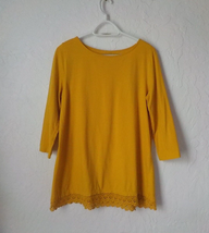 Kim Rogers Mustard Yellow Tunic Top Pullover Lace Hem Women size Medium Cotton - £10.30 GBP