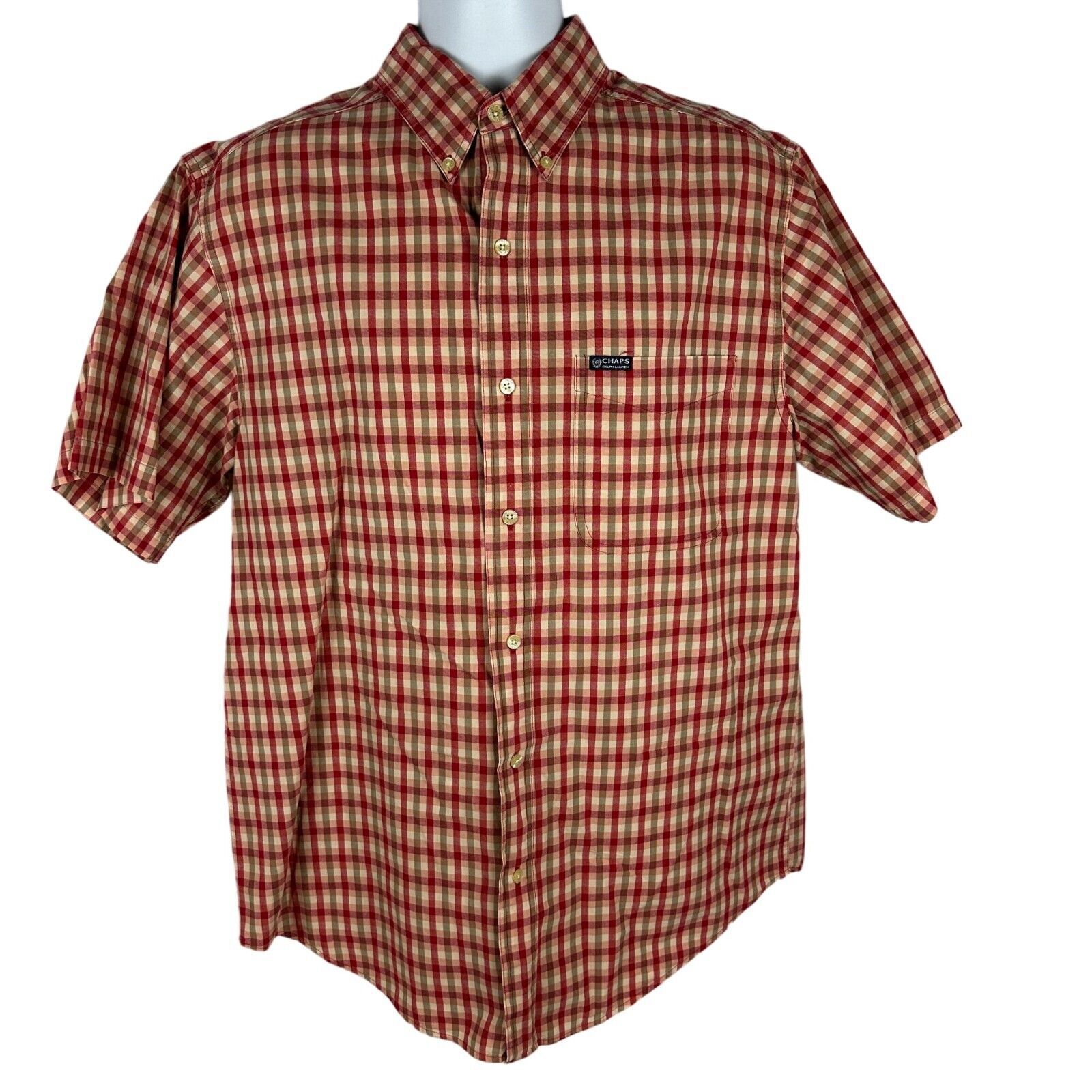 Chaps Ralph Lauren Mens Red &amp; Beige Checkered Short Sleeve Shirt Size Me... - $14.00