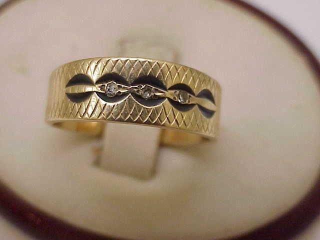 Primary image for Antique Unisex Enameled  3 Diamonds Wedding Band 14kt Yellow Gold  Ring