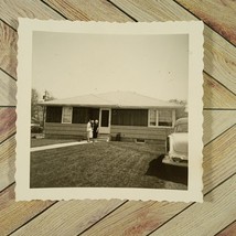 Vintage Photo 1950&#39;s Ladies Outside Nice House &amp; Old Car Original OOAK B&amp;W - £5.78 GBP