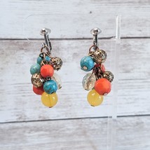 Vintage Clip On Earrings Multi Colored Cluster Dangle - $13.99