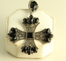 Vintage Maltese Cross Onyx Sterling Marcasite Pendant Necklace - £110.79 GBP