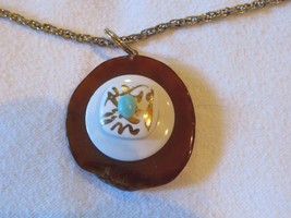 Vintage Cognac Amber with turquoise pendant on chain necklace handcrafted - £31.32 GBP
