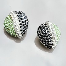 Vtg Ciner signed Silverplate Lime &amp; White Black Crystals Almond Earrings Clip On - £53.44 GBP