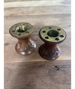 2Wooden And Brass Candle Stick Holders Marked KB India Hand Carved 2.5” ... - $20.00