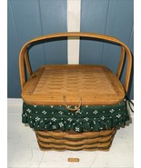 Longaberger picnic 10” Basket Hinged Wooden  Green Floral Liner plastic ... - $942.26 MXN