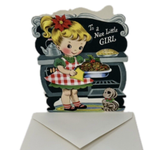VTG UNUSED Child’s Die Cut Christmas Card Girl Gingham Cookies Kitten W Envelope - £6.90 GBP