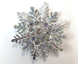 Vintage Signed Avon  Winter Snowflake Brooch AB Rhinestones Silver Tone Glittery - $10.00