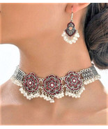 Victorian crystal flower pearl choker earring set - €12,03 EUR